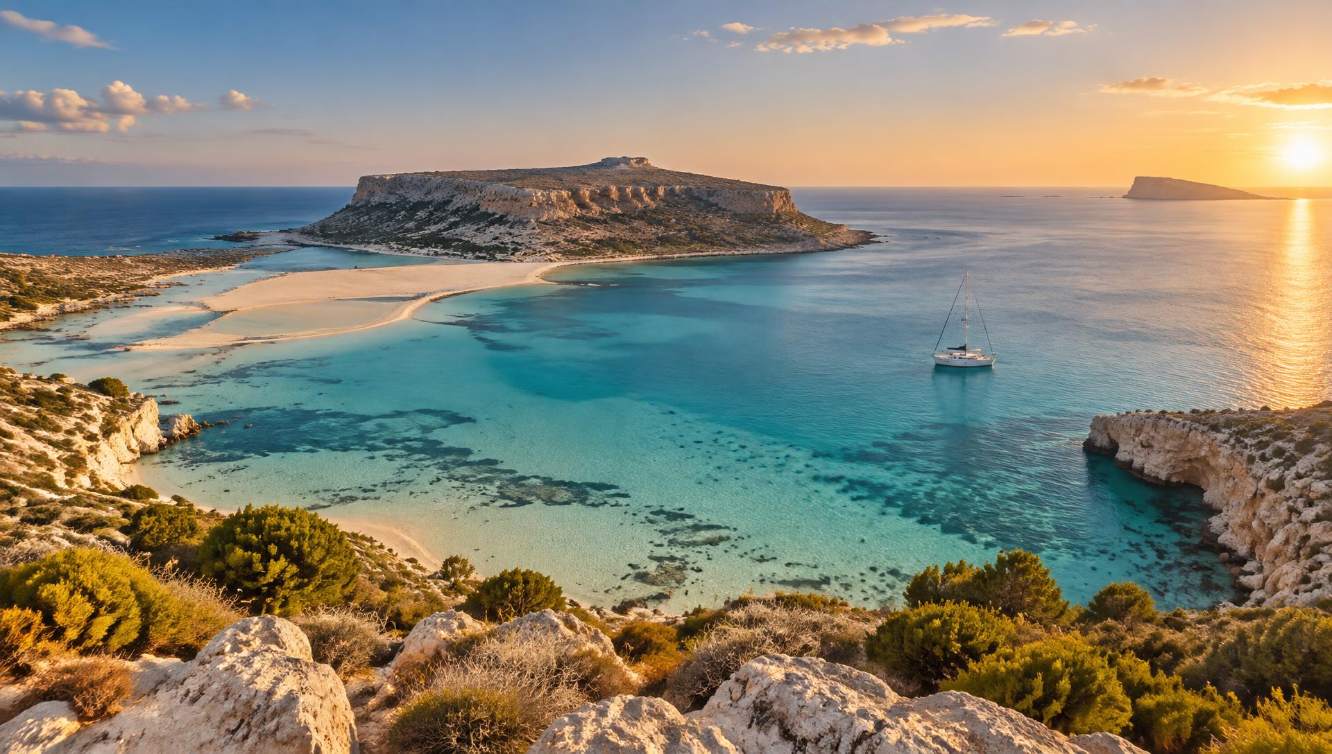 Turquoise lagoon and sailing boat on the coast of Crete